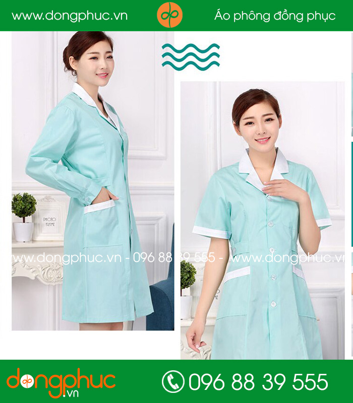Áo blouse đồng phục y tá - Bác sĩ màu xanh nhạt cổ trắng